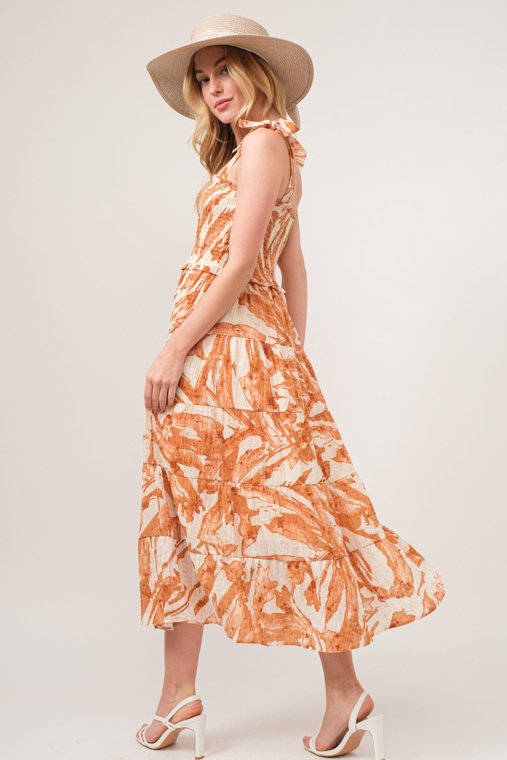 The Tie Shoulder Smocked Midi Tiered Dress