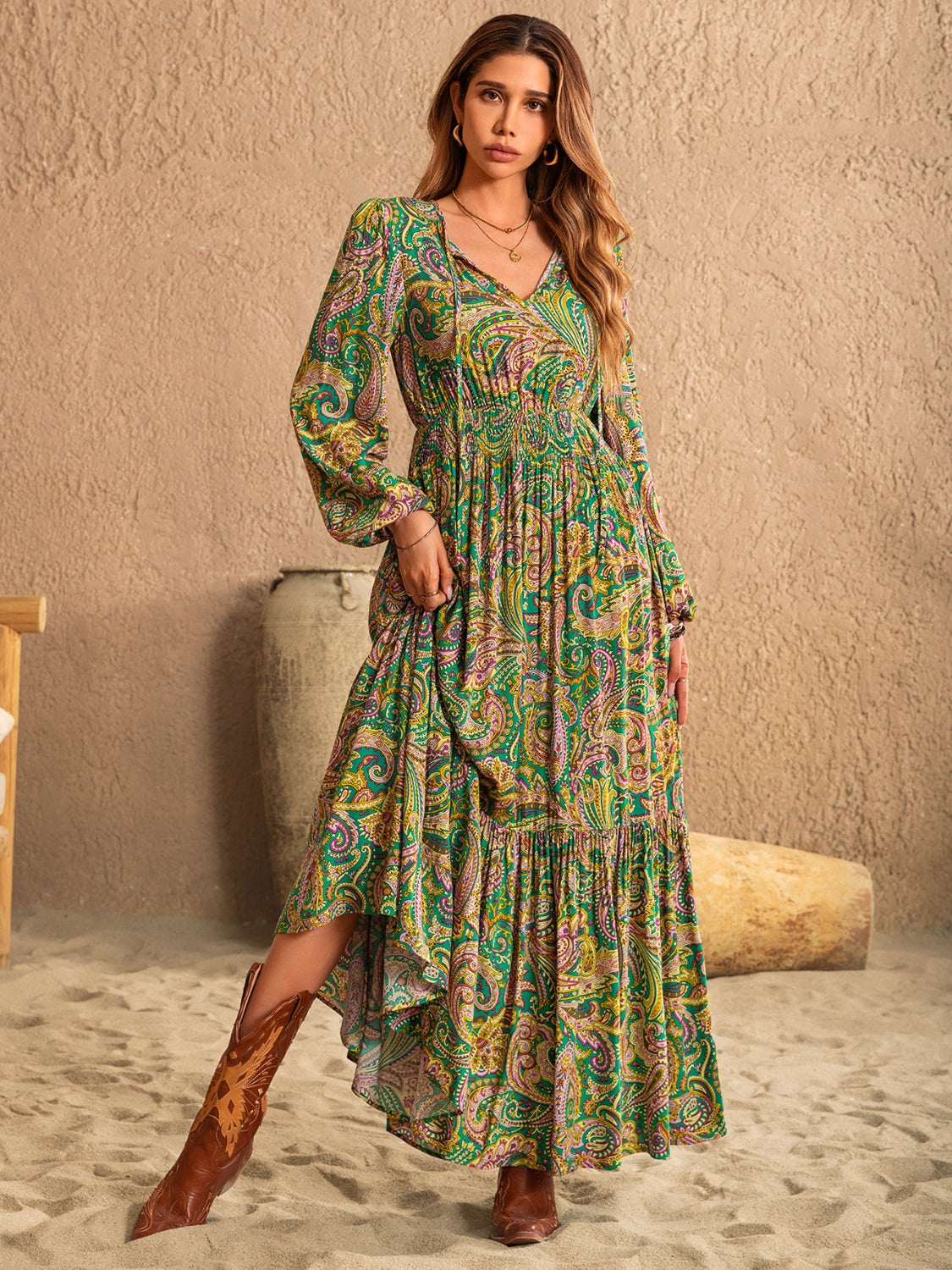 Printed Tie Neck Long Sleeve Dress The Bohemian Mamas Emporium Printed Tie Neck Long Sleeve Dress The Bohemian Mamas Emporium