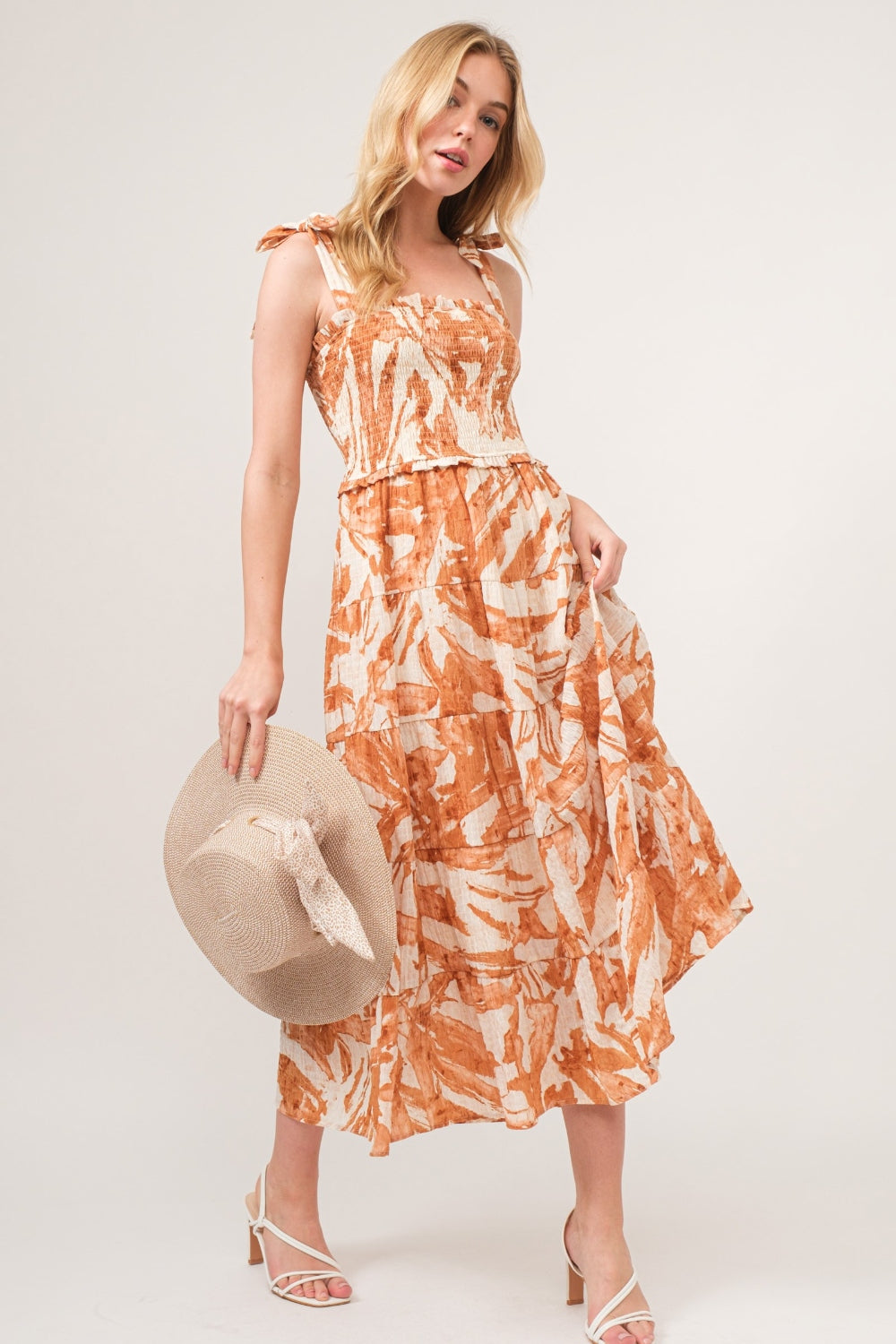 The Tie Shoulder Smocked Midi Tiered Dress