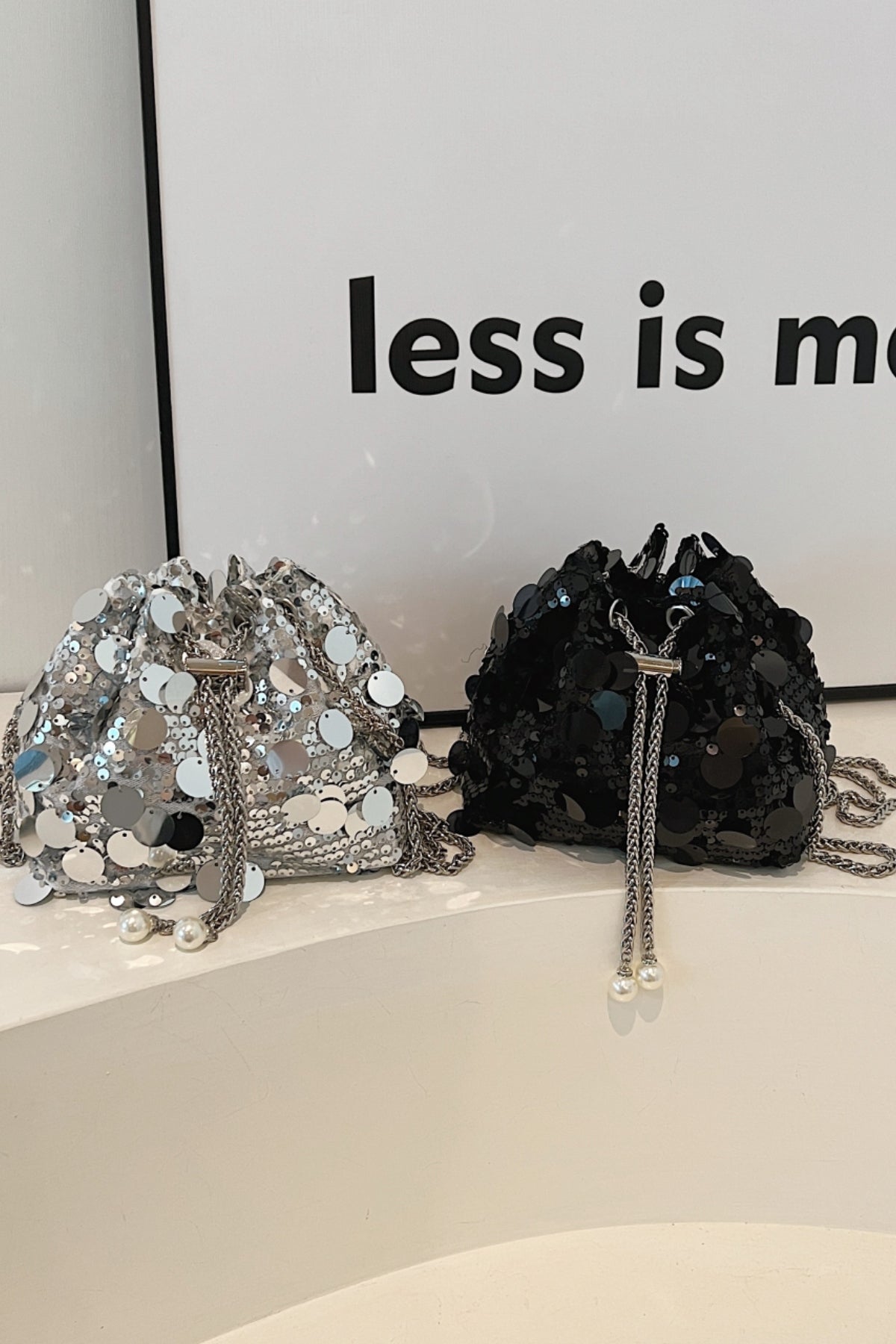 Sequin Chain Drawstring Bucket Bag