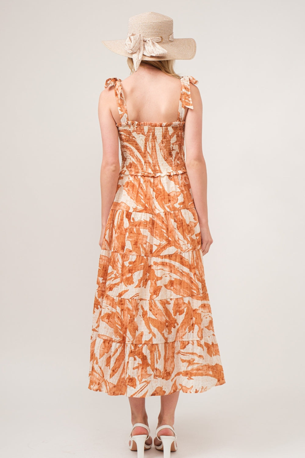 The Tie Shoulder Smocked Midi Tiered Dress
