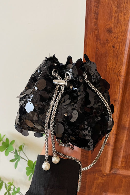Sequin Chain Drawstring Bucket Bag