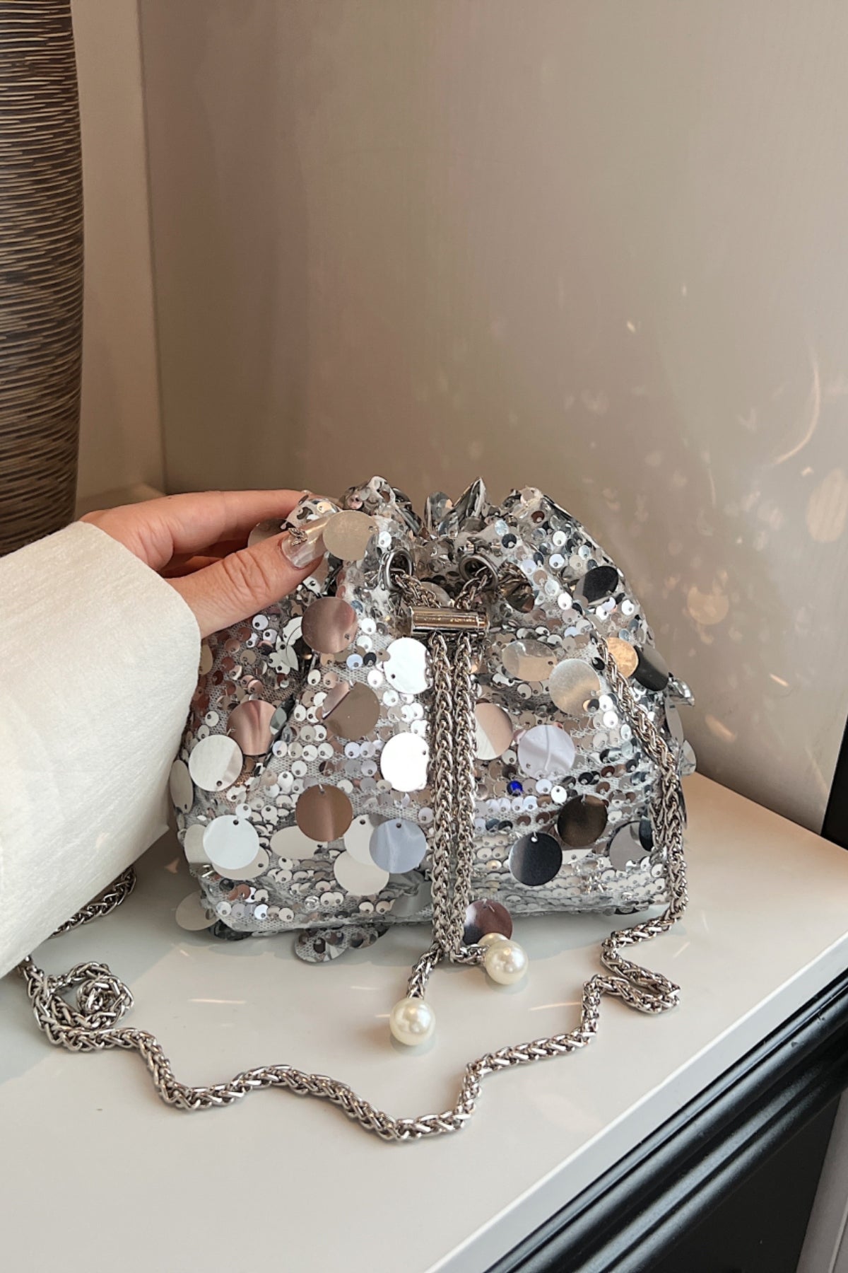 Sequin Chain Drawstring Bucket Bag