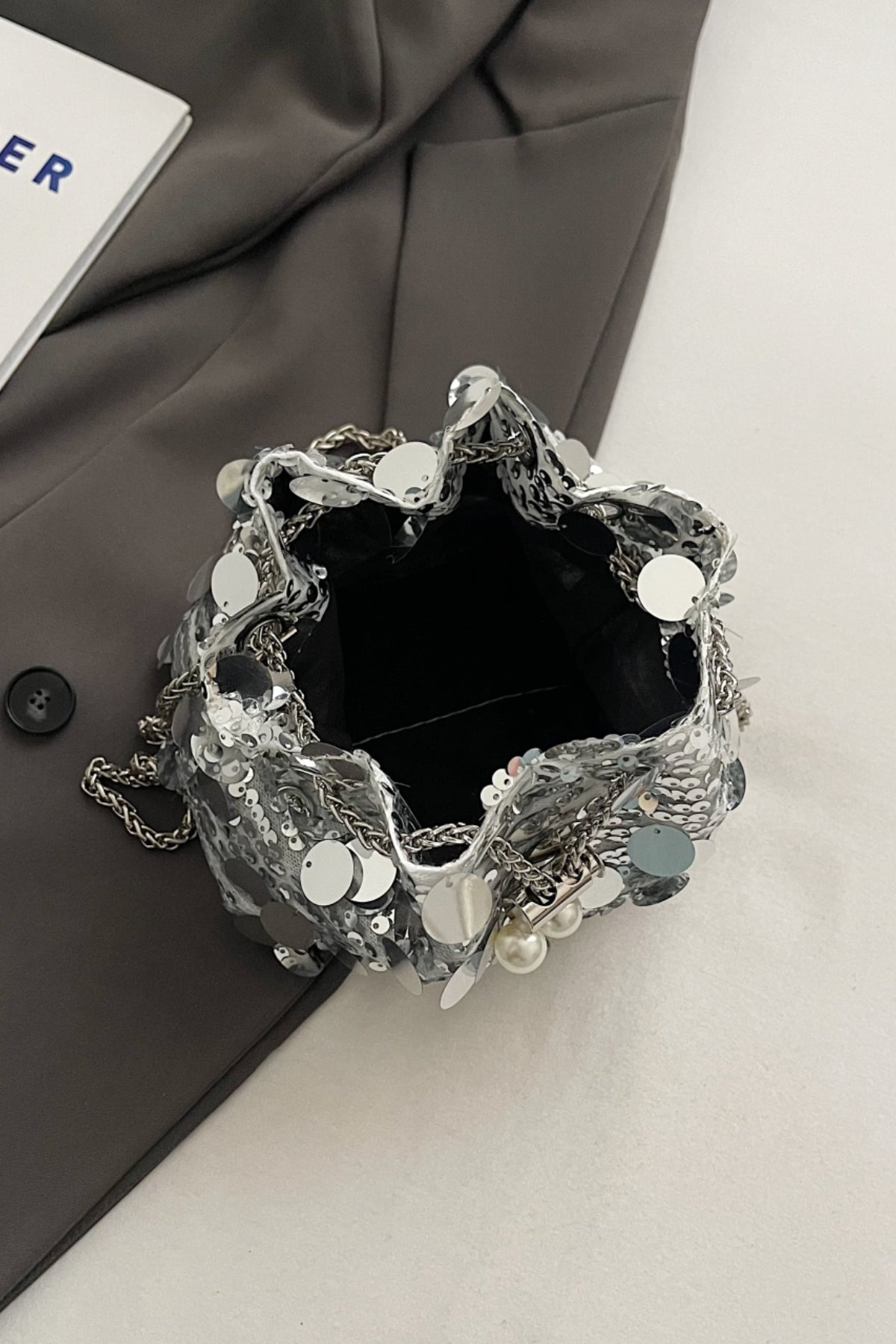 Sequin Chain Drawstring Bucket Bag