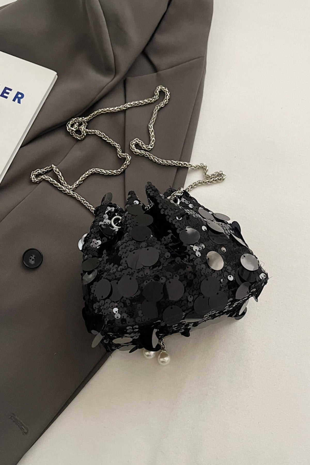 Sequin Chain Drawstring Bucket Bag
