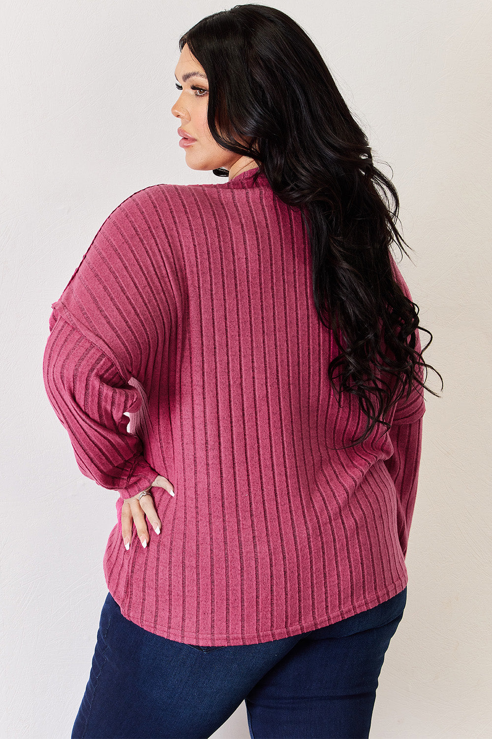 Full Size Ribbed Half Button Long Sleeve High-Low T-Shirt