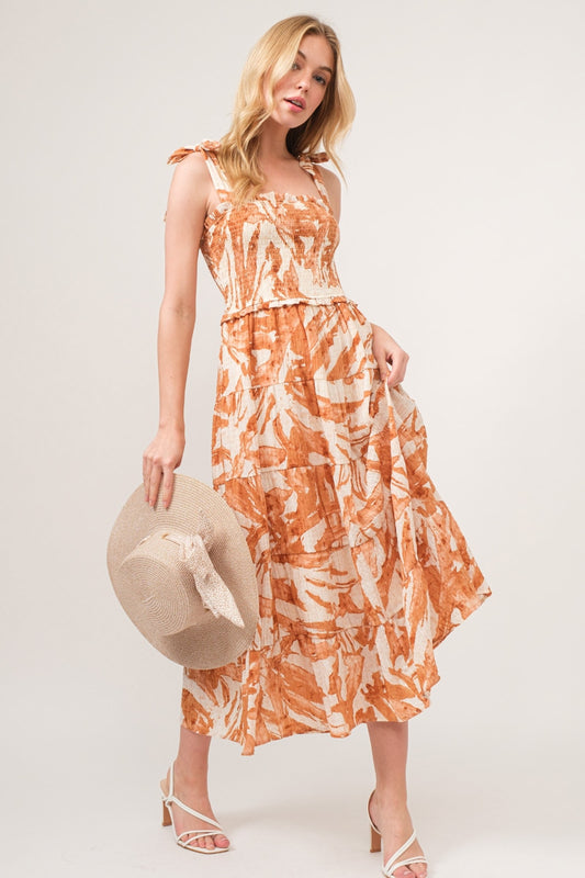 The Tie Shoulder Smocked Midi Tiered Dress
