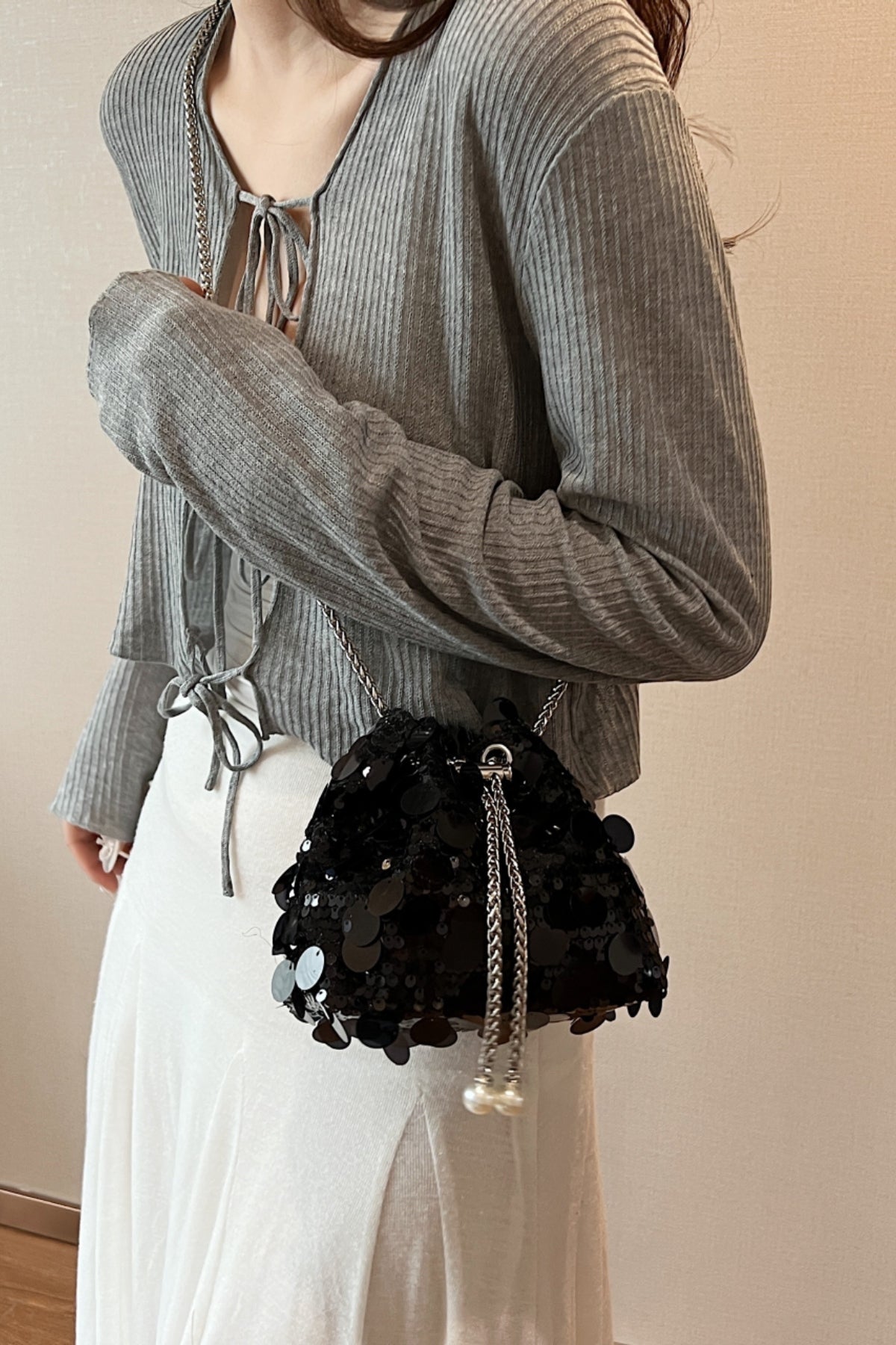 Sequin Chain Drawstring Bucket Bag