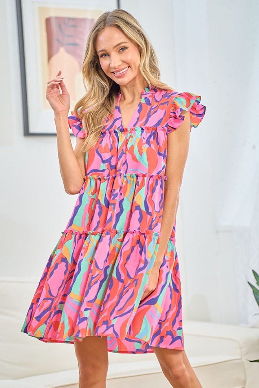 Full Size Printed Ruffle Cap Sleeve Tiered Dress